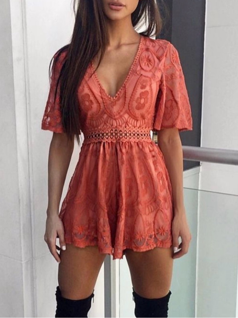 Women's Coral Lace Romper with Crochet Waist in Rust